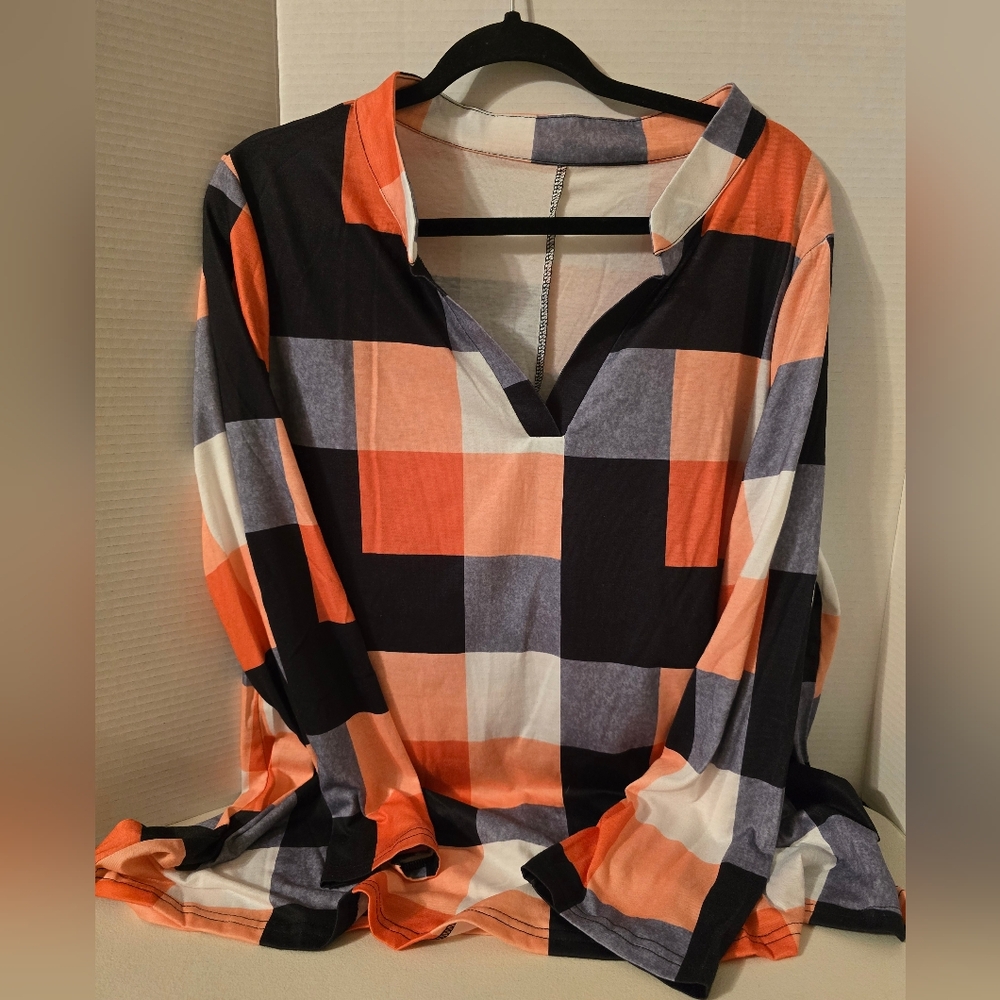 Women's V Neck Plaid Print Polyester Blouse Size 2XL